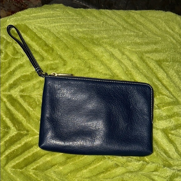 Talbots Navy Blue Soft Pebbled Leather Wristlet W/ White Stitching Small Clutch - Picture 1 of 11